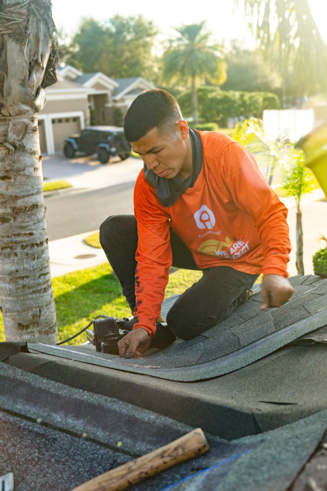 Professional roofer at work